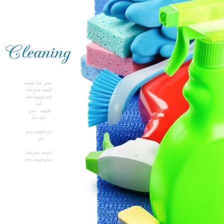 Colorful cleaning products isolated over whiteの写真素材