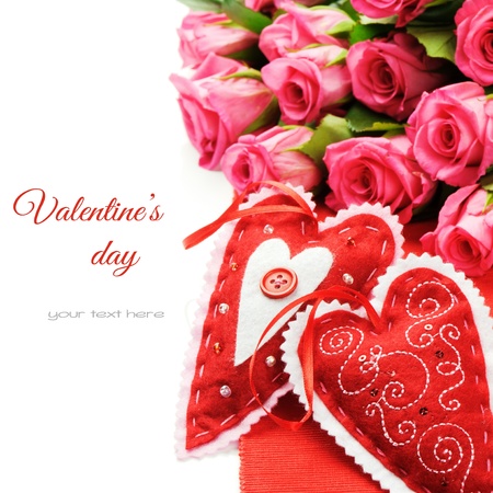 Two Valentine hearts with bouquet of pink roses isolated over whiteの写真素材