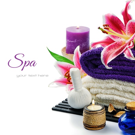 Spa setting in purple tone isolated over whiteの写真素材