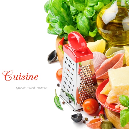 Fresh ingredients for Italian pasta with parmesan over whiteの写真素材