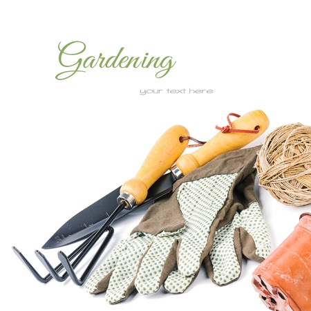 Garden tools isolated over white backgroundの写真素材