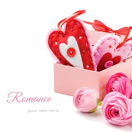Two Valentine hearts in gift box with pink peoniesの写真素材