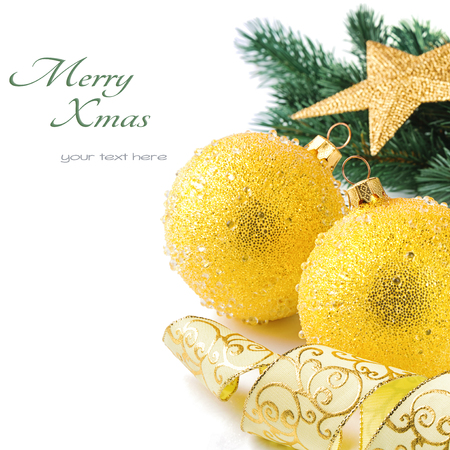 Golden Christmas balls on festive backgroundの写真素材