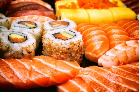 Japanese food - sushi, sashimi and california rollsの写真素材