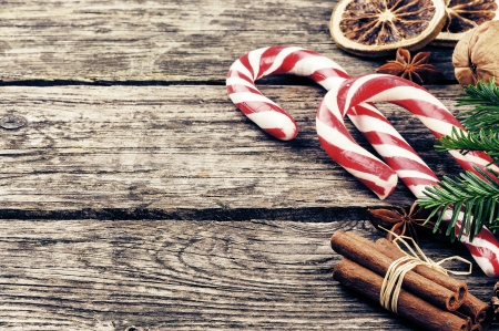 Vintage Christmas decorations with candy canesの写真素材