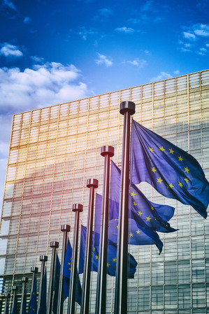 EU flags in front of European Commission in Brussels, Belgium