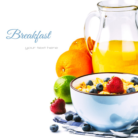 Fresh healthy breakfast with cereals, fruits and orange juiceの写真素材