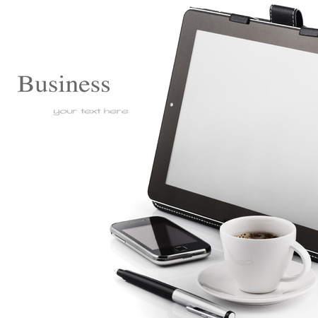 Mobile phone, tablet pc and cup of coffeeの写真素材