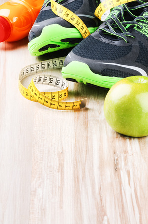 Fitness equipment and healthy nutrition with copyspaceの写真素材