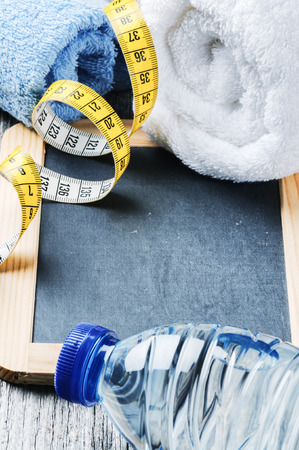 Fitness background with water bottle and towels  Healthy lifestyle conceptの写真素材