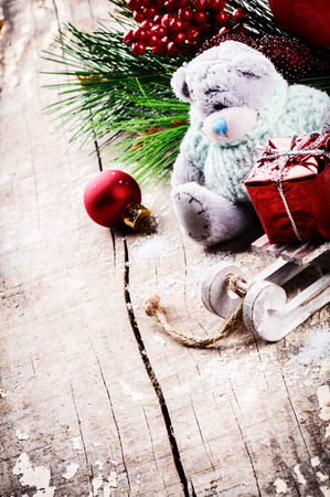 Christmas decorations in vintage style with teddy bearの写真素材