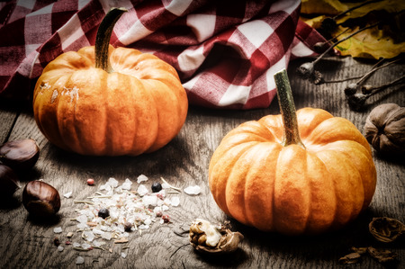 Small pumpkins in autumn rustic settingの写真素材