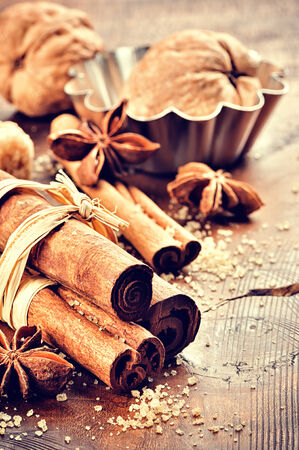 Christmas setting with seasonal spices for holiday bakingの写真素材