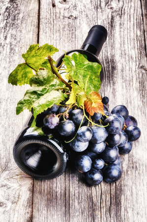 Bottle of red wine with fresh grape and grapevine on wooden backgroundの写真素材