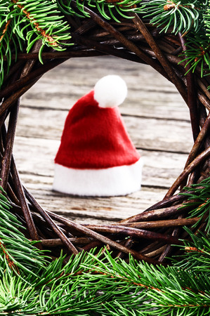 Santa's hat in festive Christmas settingの写真素材