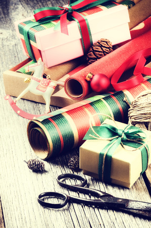 Handmade wrap for Christmas presents in vintage styleの写真素材