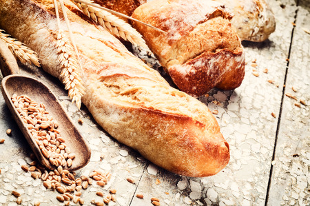 Freshly baked bread in rustic setting with copyspace