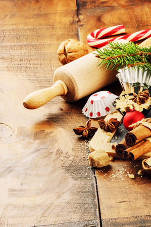 Christmas holiday baking setting with rolling pin and spices. Copy spaceの写真素材