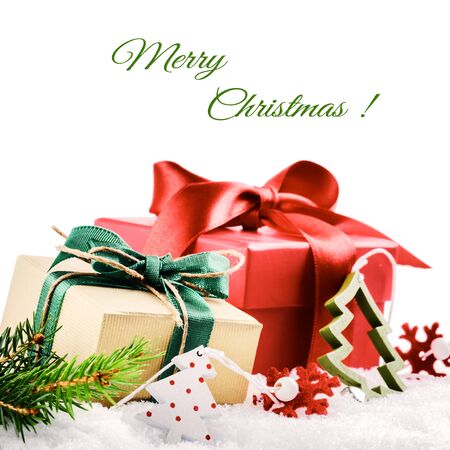 Christmas setting with colorful presents isolated over whiteの写真素材