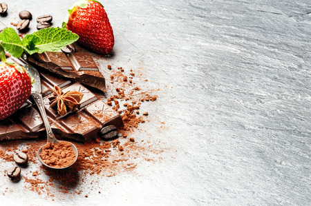 Assortment of fine chocolates and pralines with fresh strawberry. Copy spaceの写真素材