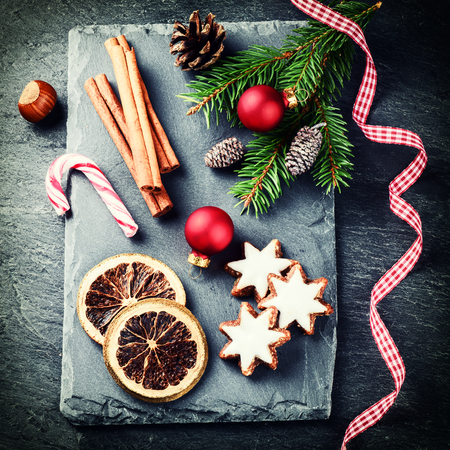 Christmas setting with seasonal spices for holiday bakingの写真素材