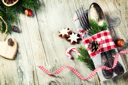 Christmas table setting in in retro style. Copy spaceの写真素材