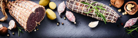 Fine selection of dry meat and sausages. Gourmet dinner concept