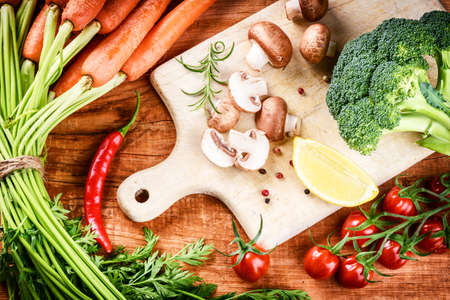 Fresh organic vegetables in cooking setting. Healthy eating and diet conceptの写真素材
