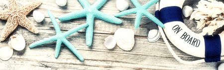 Summer holiday frame with seashells and decorative lifebuoy