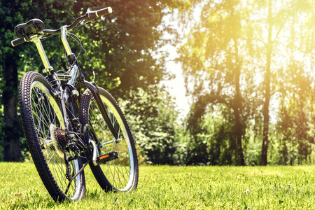 Summer landscape with sport bike on green field. Health and sport concept with copyspaceの写真素材