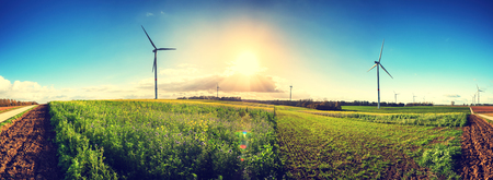 Panoramic view of summer countryside with wind turbines and agricultural fields. Nature backgroundの写真素材