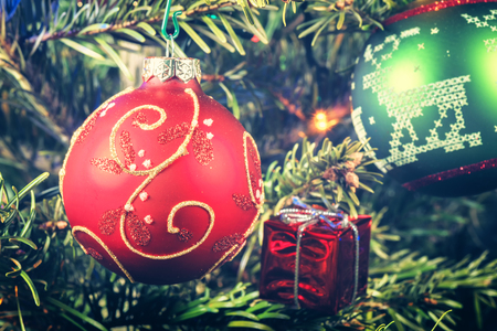 Christmas holiday setting with decorative baubles. Christmas background, closeupの写真素材