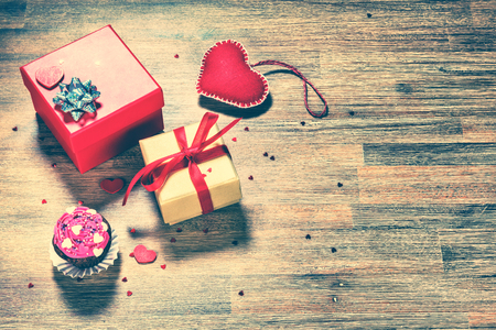 Valentine's day background with presents and decorative hearts. Love and romance conceptの写真素材