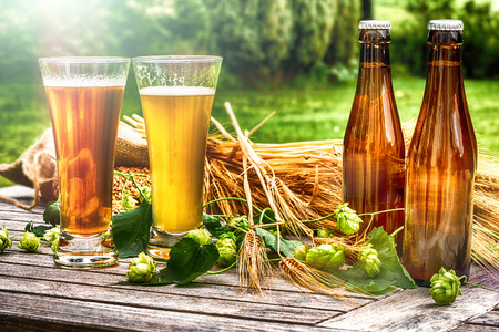 Glasses with fresh cold beer in rustic setting. Food and drink backgroundの写真素材