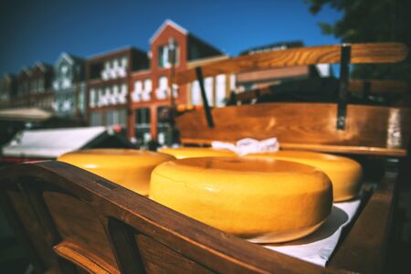 Holland cheese rounds at traditional market. Food backgroundの写真素材
