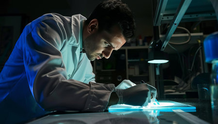 scientist working with blue light in laboratory. science research and development concept.の素材