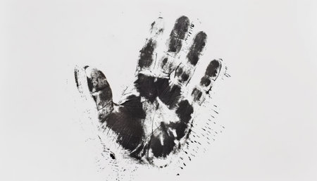 black handprint on a white background. close-up. horizontal photoの素材