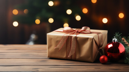 Gift box with red ribbon on wooden table against blurred Christmas lights. Space for textの素材