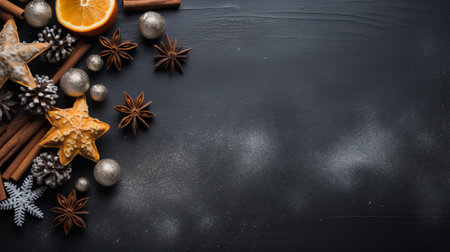 Christmas background with spices and gingerbread cookies on black board, copy spaceの素材