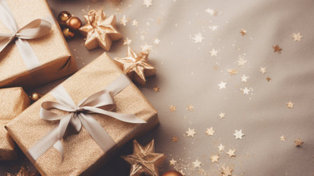 Gift boxes and golden stars on a light background. Christmas background.の素材