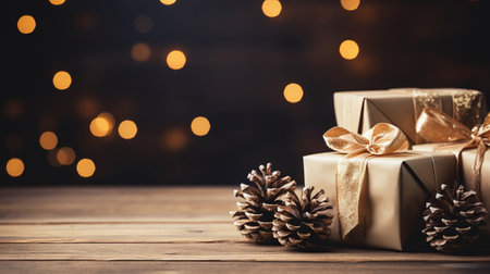 Christmas gift boxes on wooden table with bokeh light background.の素材