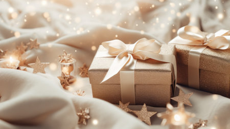 Christmas gift boxes with golden ribbons on soft background with bokeh effectの素材