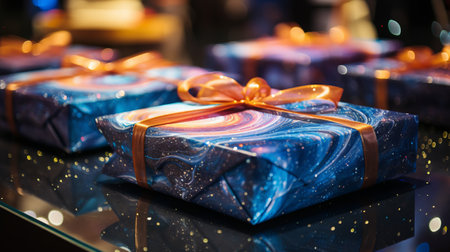 Gift boxes on black background. Christmas and New Year concept.の素材