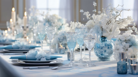 Elegant table setting in blue and white tones for a wedding reception.の素材