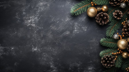 Christmas greeting card. Noel festive background. New year symbol. Copy space.  Flat lay. Top view.の素材