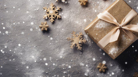 Gift box with golden bow and snowflakes on dark backgroundの素材