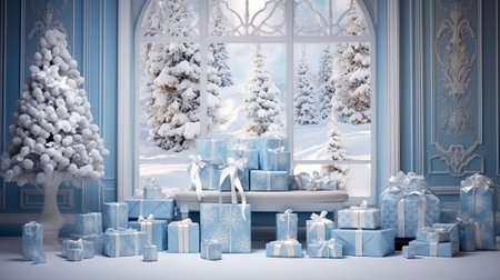 Winter interior with christmas tree, gifts and fireplace. 3d renderの素材