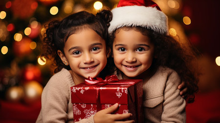 Portrait of two cute little girls in Santa hats with gift boxの素材