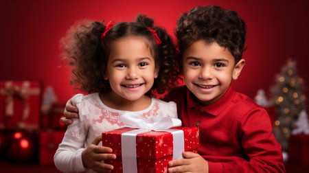 Happy children holding christmas gift box and looking at camera on red backgroundの素材
