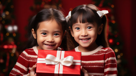 Portrait of happy asian little girls with gift box in christmas timeの素材
